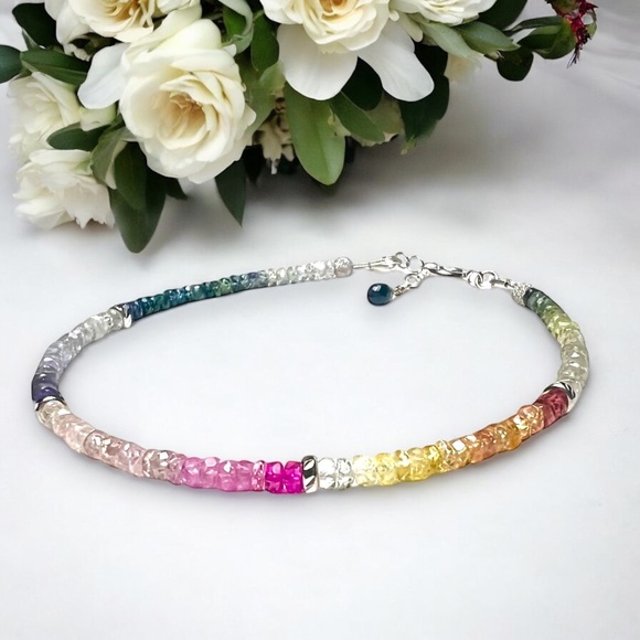 Natural Ombre Rainbow Sapphire Bracelet in Solid 14K White Gold, 7 1/2" - 7.9" - Picture 4 of 9